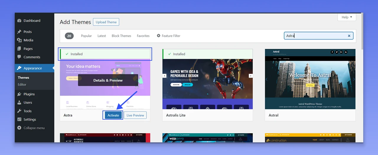 Activate the theme by clicking on the Activate option
