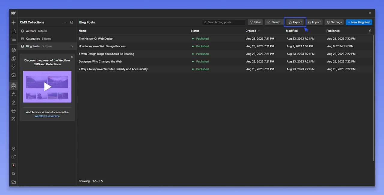 Click on the Export option to download the content in a CSV file