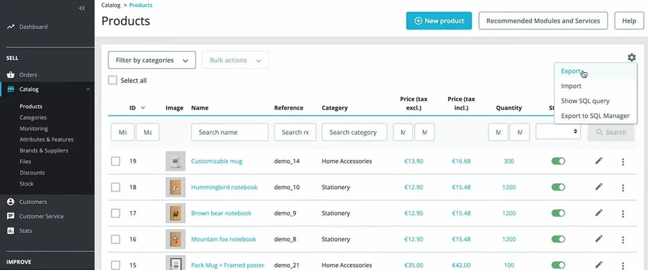 Export Data From PrestShop Dashboard