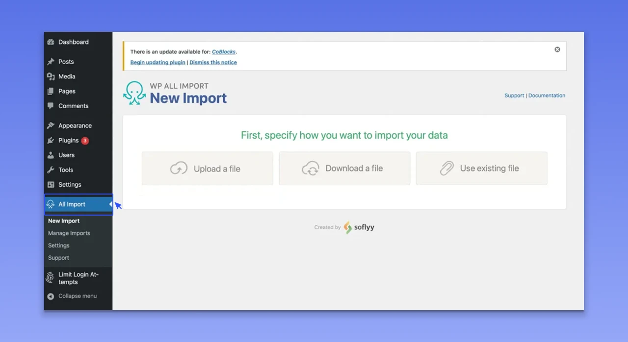 Now, go to the WordPress dashboard and click on the All Import plugin