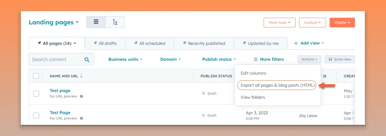 Select Export all pages & blog posts HTML