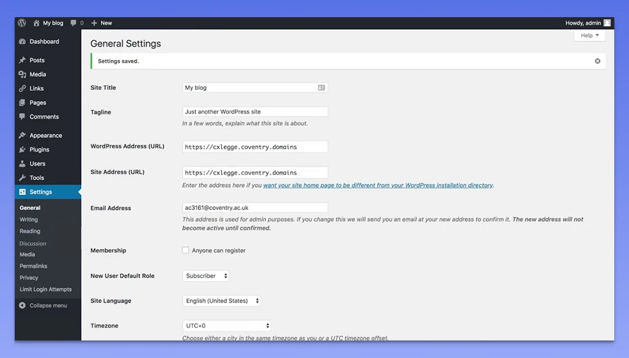 Setting Up WordPress_ First of all, set your website’s Title, Timezone, and Tagline