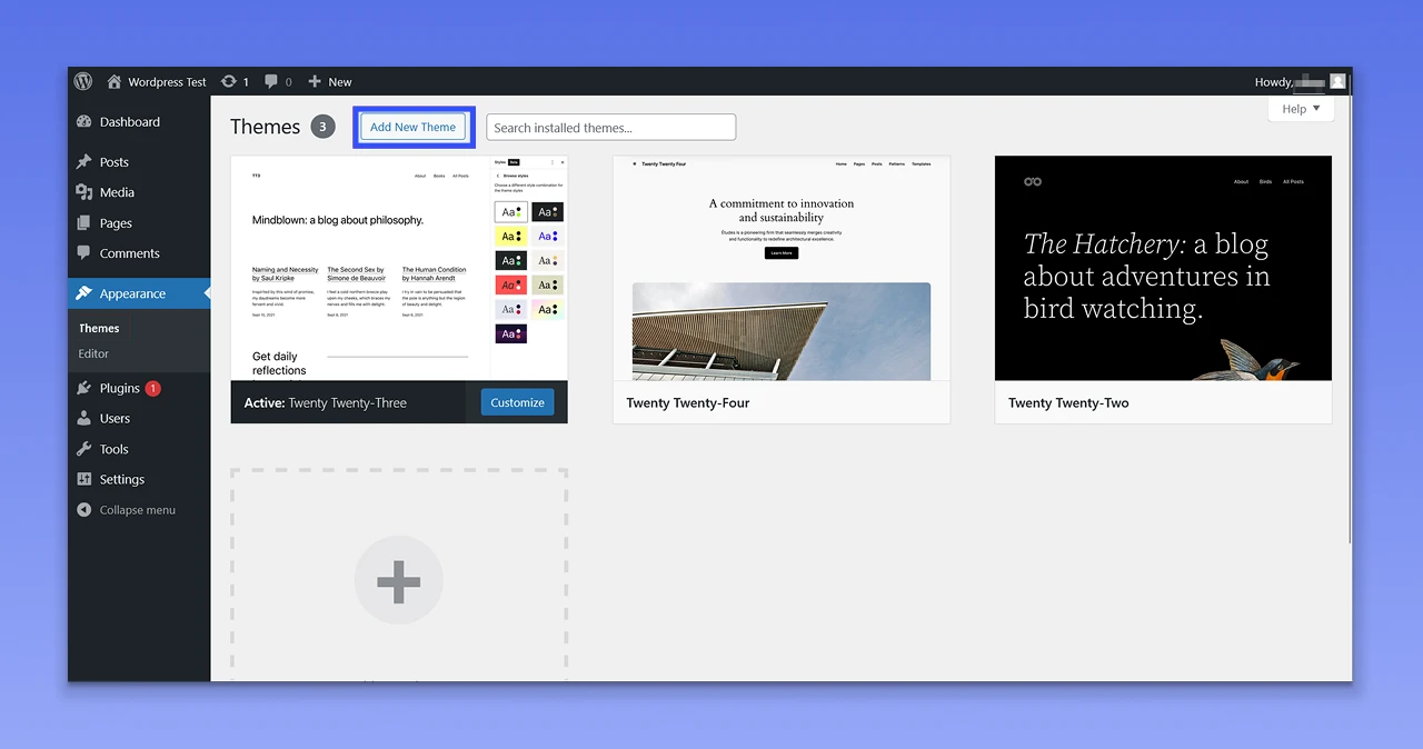 Tap on the Add New button and choose a theme based on your site’s nature and requirements