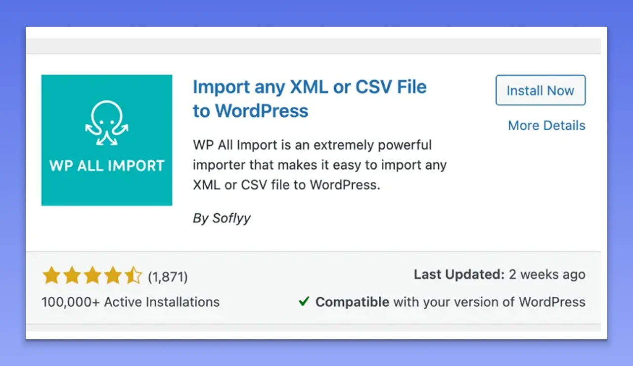 Use the search bar to find the WP ALL Import plugin